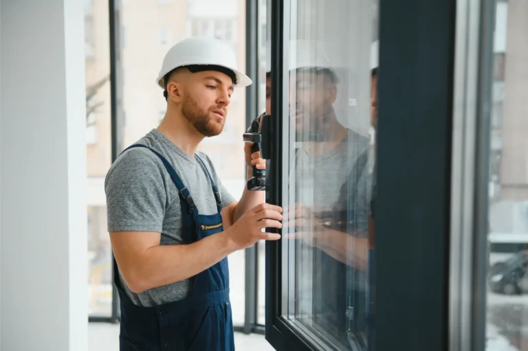 Worker in a helmet installing a window frame with a drill